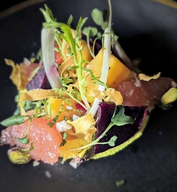 Beet, citrus, and pistachio seasonal salad plated by Chef Brian Schultze, private chef.